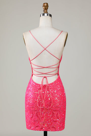Glittrande Fuchsia Pärlstav Tight Kort Hemkomstklänning